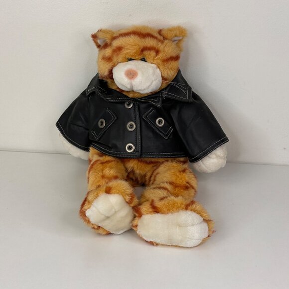 Build-A-Bear Workshop Orange Tabby Cat Plush With Black Faux Leather Jacket 16" - Picture 1 of 9